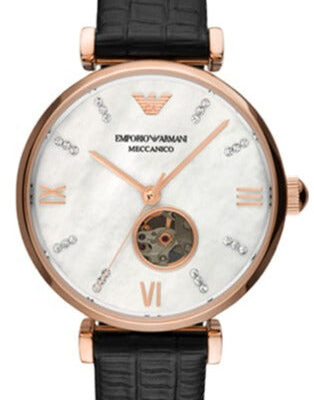 Emporio Armani Gianni T Bar Mother of Pearl White Dial Black Leather Strap Watch For Women - AR60047